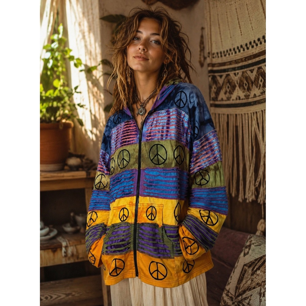 RISING INTERNATIONAL Hooded Peace Sign Tie Dye Jacket Hood Colorful X-Large